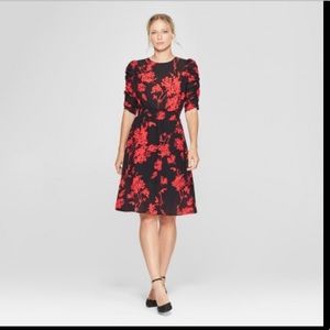 Black and red floral puff sleeve dress NWOT
